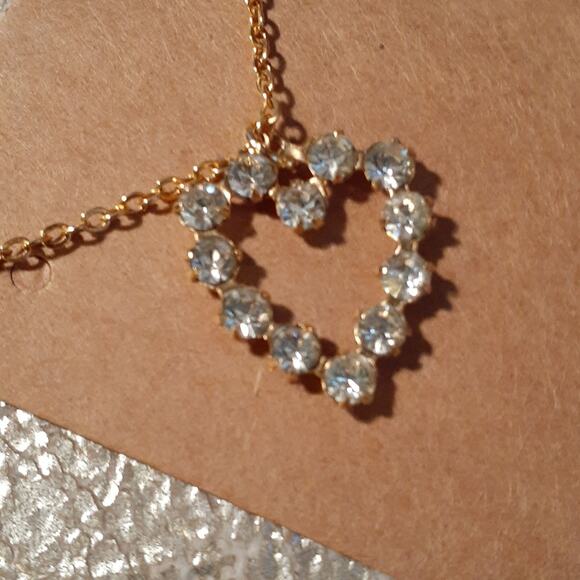 Necklace Gold Plated Chain w Heart Pendent Simulated Diamonds 10" hang length - Picture 13 of 13